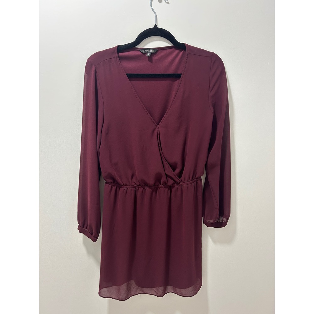 Express Burgundy Wine Surplice V-Neck Long Sleeve Elastic Waist Mini Dress M